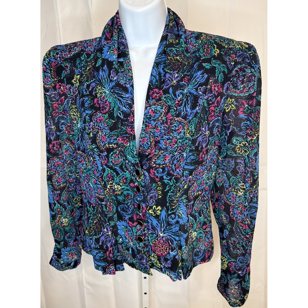 Vintage Leslie Fay Petites Women's 8P Floral Blouse Jacket Black Multicolor 90s